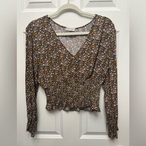 Paper Crane Brown Floral Smocked V-Neck Long Sleeve Blouse
